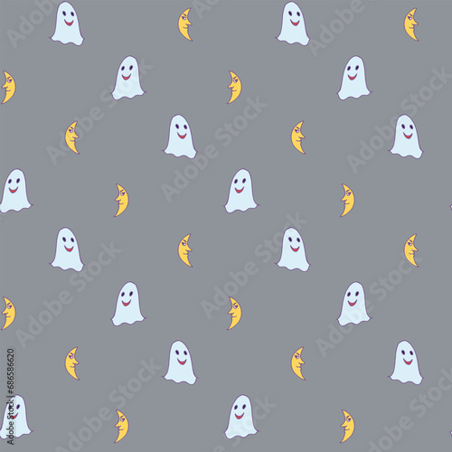 Fototapeta Naklejka Na Ścianę i Meble -  Seamless pattern with halloween ghost and moon on gray background. Vector image.