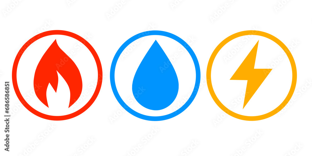 collection of energy element icons. gas, water and electricity icons collection of energy element icons. gas, water and electricity icons