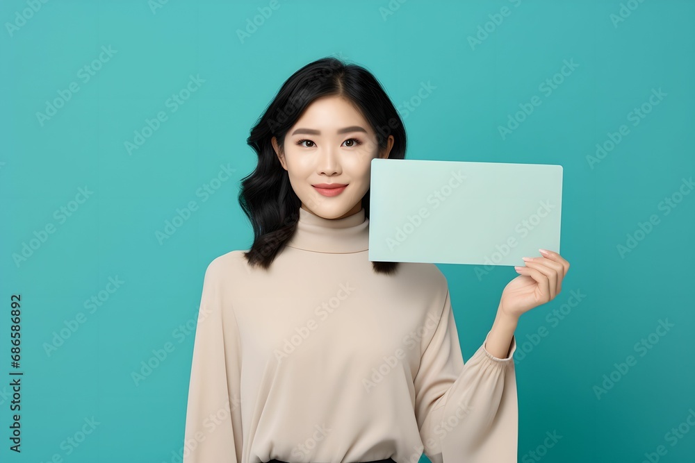 Stylish Asian Woman with Blank Canvas, portrait, blank placard, editing space, ads Stylish Asian Woman with Blank Canvas, portrait, blank placard, editing space, ads