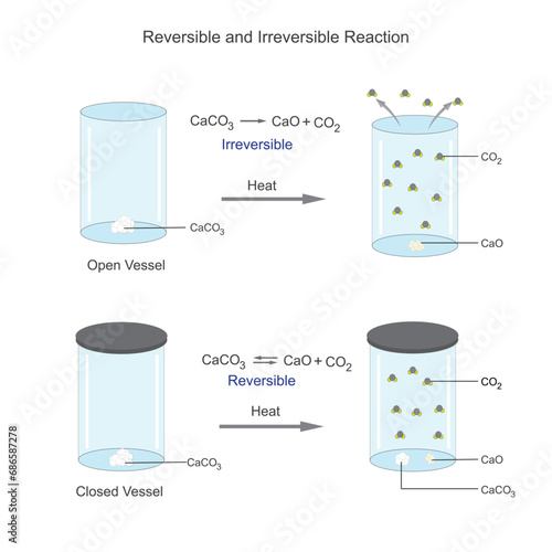 
Reversible reactions can go back and forth, reaching equilibrium. Irreversible reactions proceed in one direction, forming products without reverting.Chemical equilibrium photo