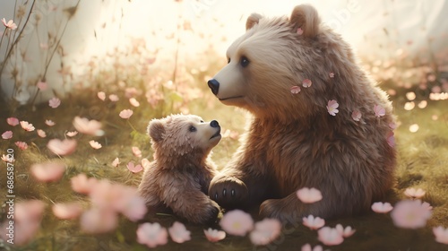 Hyper realistic super cute mama bear hugging baby bear. Happy mother's day greeting card concept. AI generated image photo