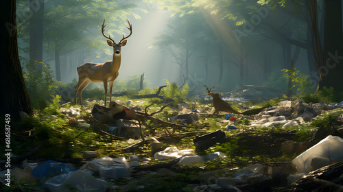 Polluted forest and deer. A lot of plastic bottles or garbage in the forest. global warming concept. avoid pollution and save the environment. Generated with AI