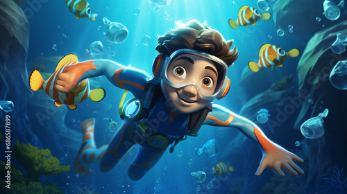 Cute Cartoon Boy Scuba Diver Underwater