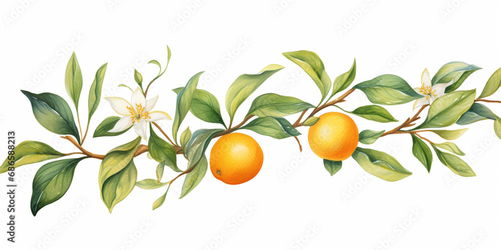 Orange with Leaf. Watercolour Illustration of Fresh Ripe Oranges Isolated on White.