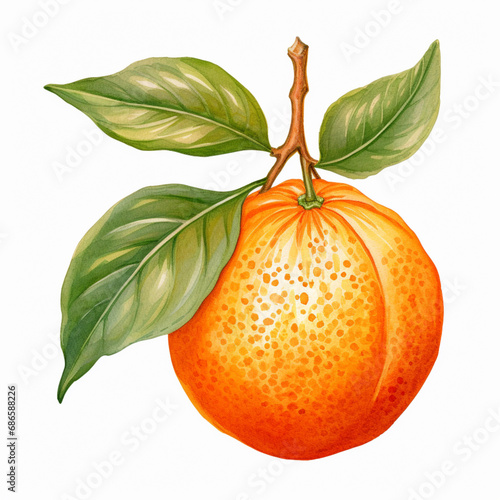 Orange with Leaf. Watercolour Illustration of Fresh Ripe Oranges Isolated on White.