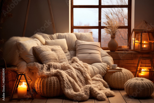Cozy couch with lots of pillows and burning candles in the living room of the home