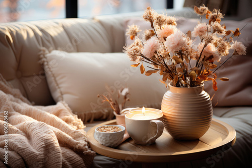 Flowers in a vase and a cup of coffee on the coffee table by the sofa. Cozy pastime at home