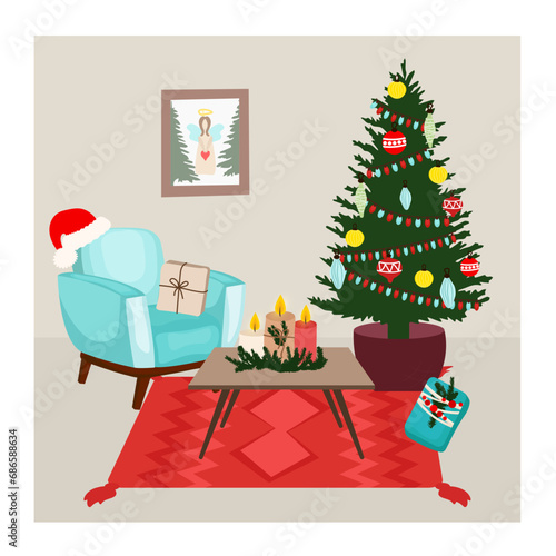 Room at Christmas night, home interior, burning candles, decorated tree with gifts with santa hat © Helen