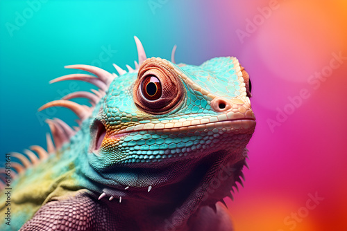 Сlose up view of cute colorful exotic lizard on colorful background