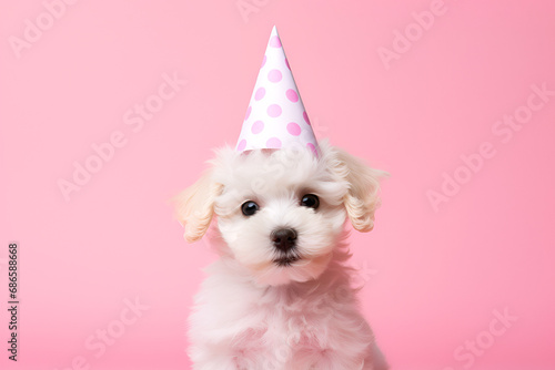 appy cute dog puppy wearing a party hat celebrating at a birthday party on pink background