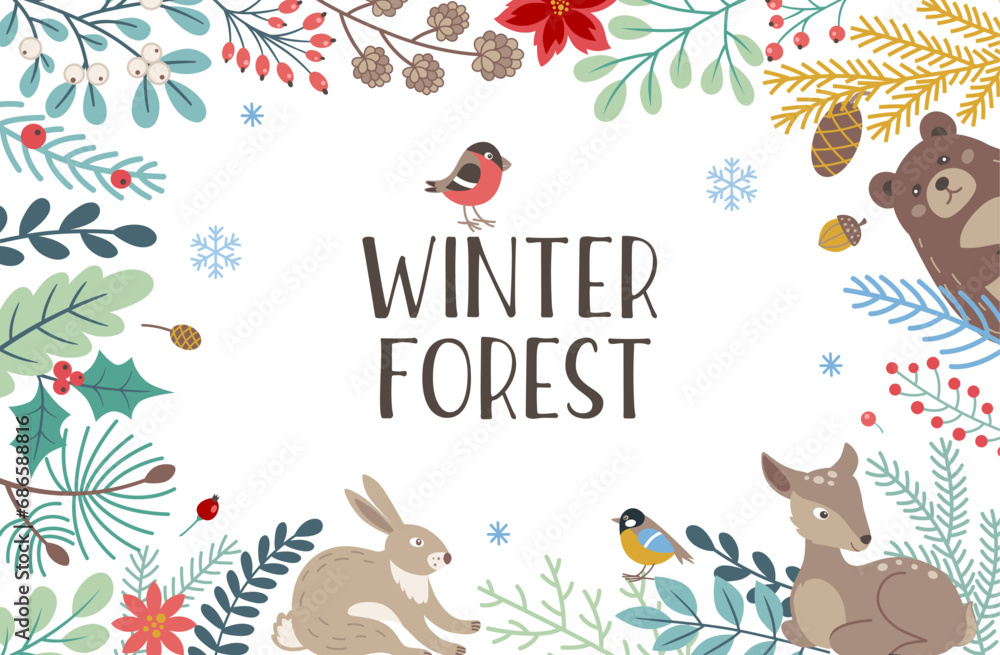 Decorative winter background with evergreen plants, deer and bear
