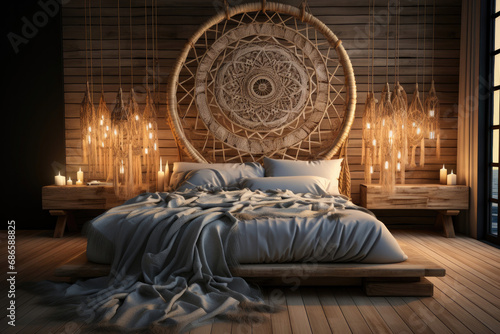 Interior of the bedroom in boho style with a large bed and a dream catcher in the headboard on the wall