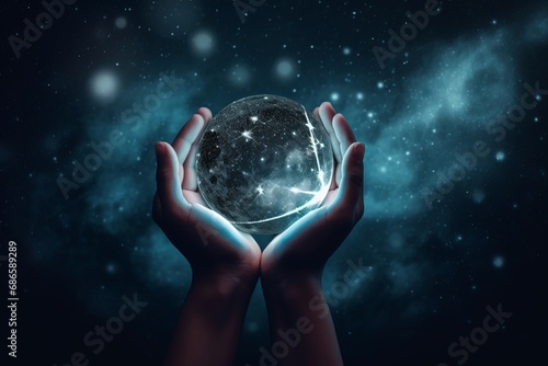Moon globe held in hands against a starry sky backdrop. Conjuring a sense of esoteric mysticism, astrology, astronomy, and magic, this composition evokes cosmic wonder and spiritual exploration. photo