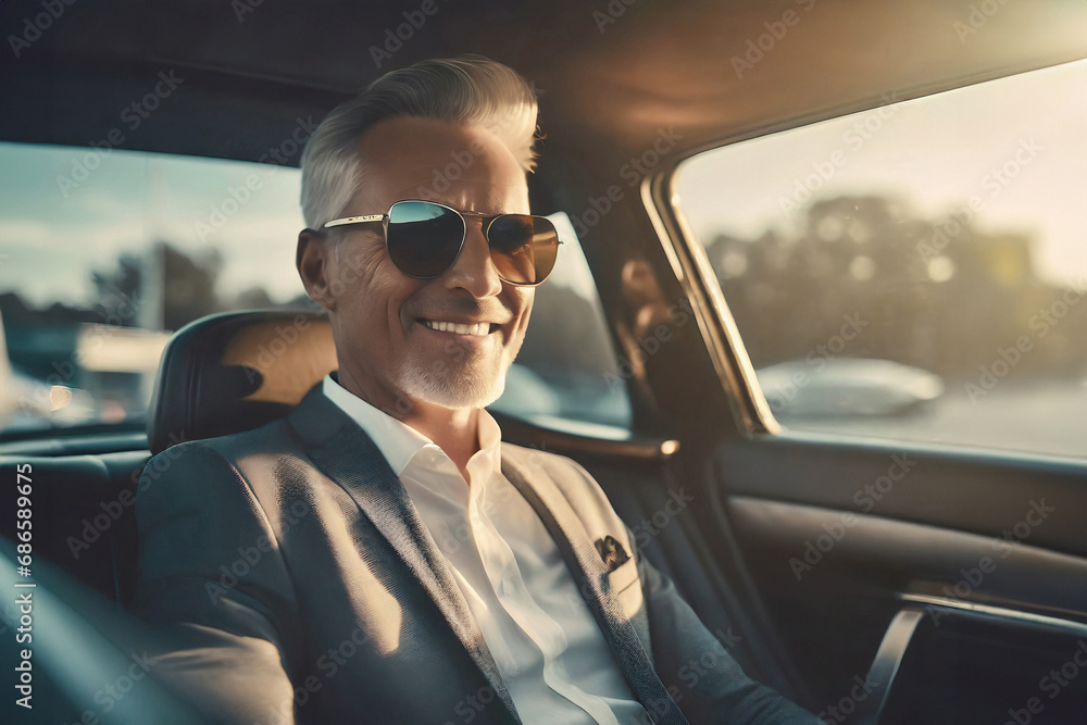 A middle-aged confident elegant businessman sitting on the back seat of a luxury car.A businessman with sunglasses is smiling.Closeup. A middle-aged confident elegant businessman sitting on the back seat of a luxury car.A businessman with sunglasses is smiling.Closeup.