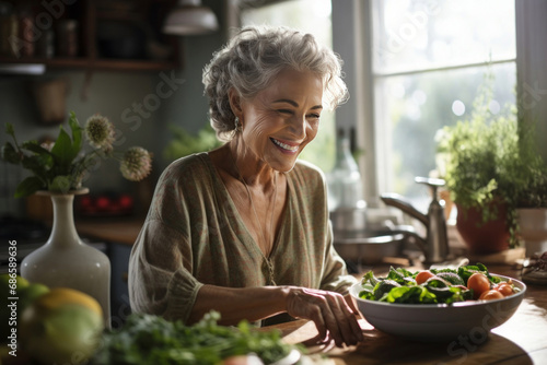 Positive senior Caucasian lady preparing salad with greenery and fresh vegetables at kitchen table. Cheerful female homeowner, food guru preparing ingredients for family dinner. Healthy food concept. photo
