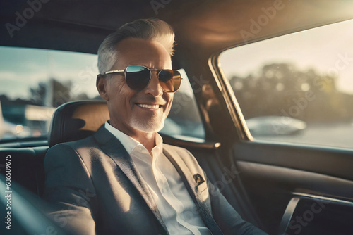 A middle-aged confident elegant businessman sitting on the back seat of a luxury car.A businessman with sunglasses is smiling.Closeup. © ARVD73