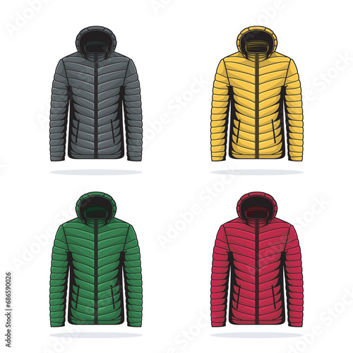 The set of puffer jacket full zip front closure, adorned with a stylish zipper pull, allows for easy wear and temperature control.