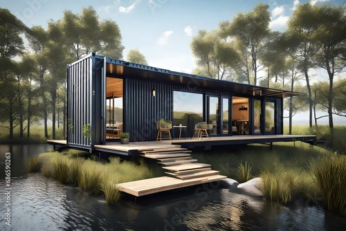 Describe the sense of serenity in a shipping container home, featuring a minimalist design and unobstructed views of the lake on a sunny day © Abdul