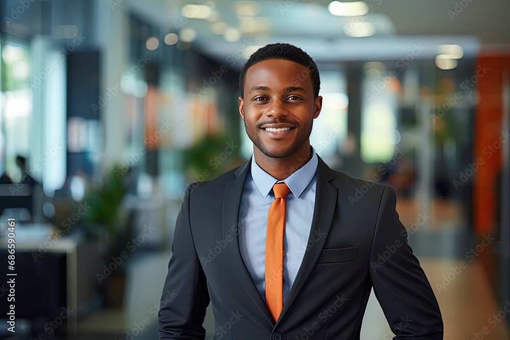 African businessman smiling with big room office as background, Generative Ai African businessman smiling with big room office as background, Generative Ai
