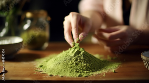 Woman mixing Matcha powder in a bowl