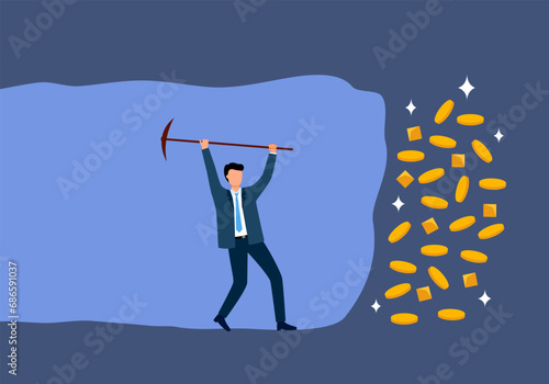 Businessman digging for gold in an underground tunnel in flat design depicts hard work, success, achievement, and discovery.