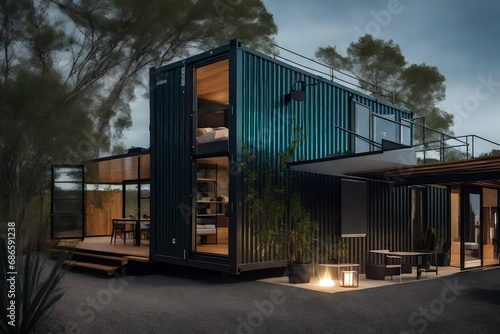 Describe the sense of openness and connection to the outdoors in a shipping container home designed to embrace the sunny lake surroundings © Abdul