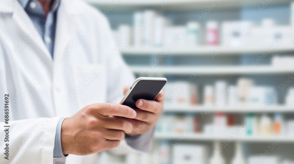 cropped view of Pharmacist, Physician using a mobile phone at drugstore room. Medical concept - obrazy, fototapety, plakaty 