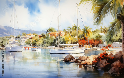 Sailboats in the harbor, on an island with beautiful exotic vegetation.
