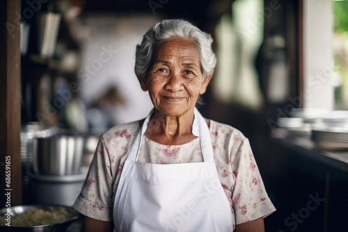Portrait of old South-American woman with grey hair standing in the kitchen of a country house looking at camera