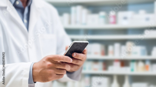 cropped view of Pharmacist, Physician using a mobile phone at drugstore room. Medical concept