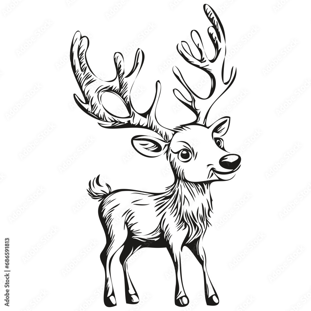 Hand Drawn Christmas Reindeer, deer Silhouette Vintage Sketch, black white isolated Vector ink outlines template for greeting card, poster, invitation, banner