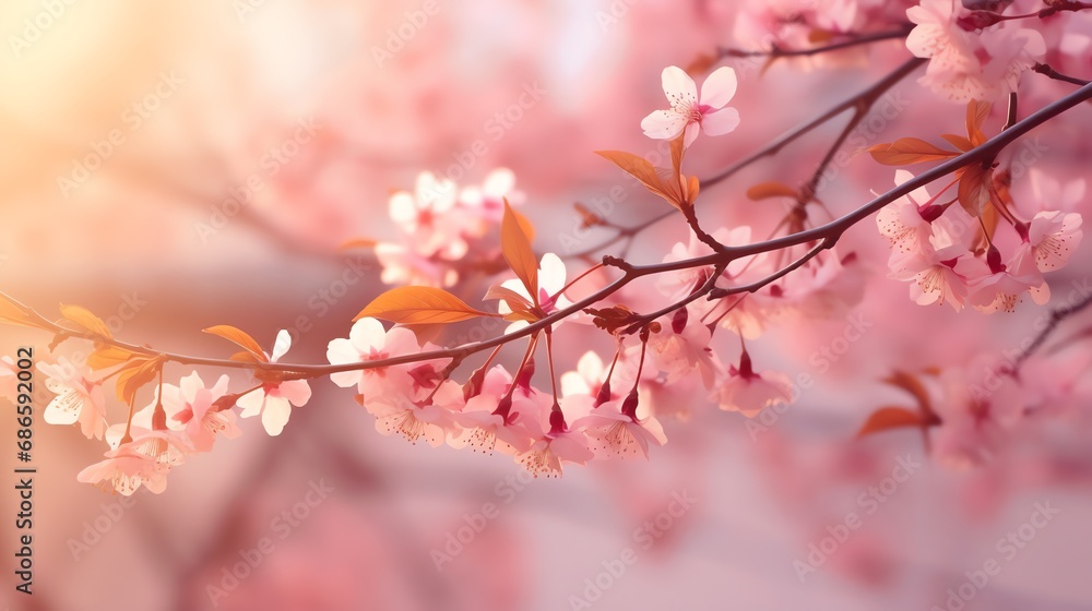 Pink Sakura tree branch, falling pink petals, warm summer. AI generated image Pink Sakura tree branch, falling pink petals, warm summer. AI generated image