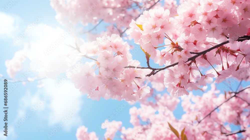 Fototapeta premium View from under the pink sakura tree blue sky bright. AI generated image