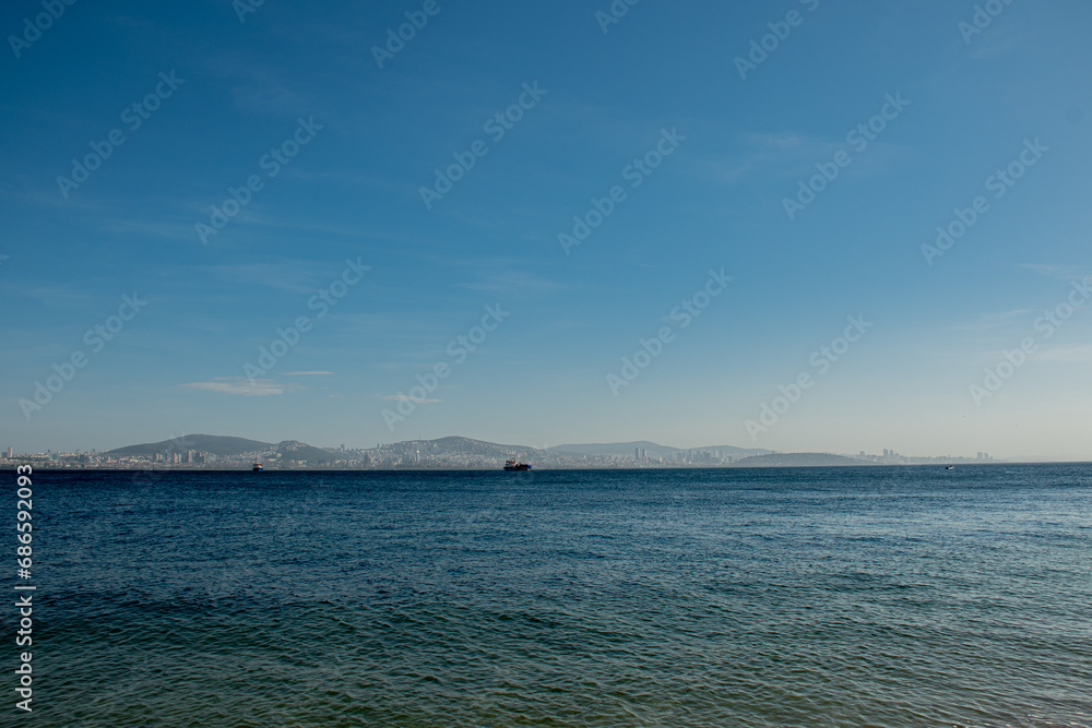 background seaside landscape, mountains, ferry, summer vacation ın Istanbul