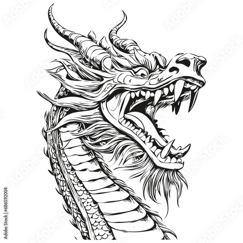 Illustrated Year Symbol Dragon Sketch for 2024 Celebration, black and white isolated Vector ink outlines template for greeting card, poster, invitation, logo