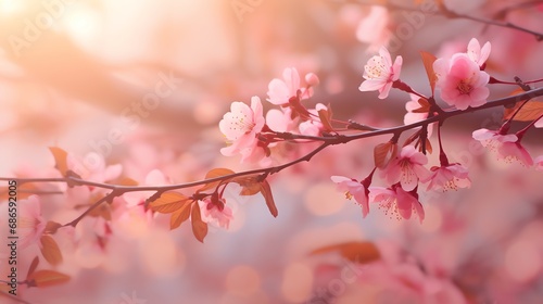 Pink Sakura tree branch  falling pink petals  warm summer. AI generated image