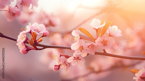 Pink Sakura tree branch  falling pink petals  warm summer. AI generated image