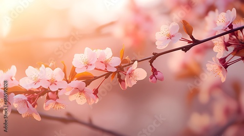 Pink Sakura tree branch  falling pink petals  warm summer. AI generated image