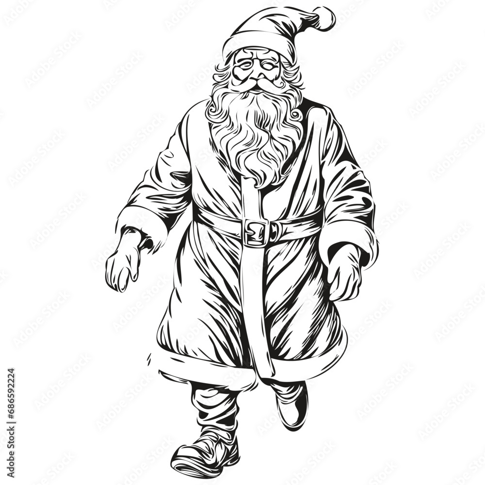 Fototapeta premium Santa Claus Hand-Drawn Sketch Outline Detailed Sketch, Classic Vintage Style, black white isolated Vector ink outlines template for greeting card, invitation, logo