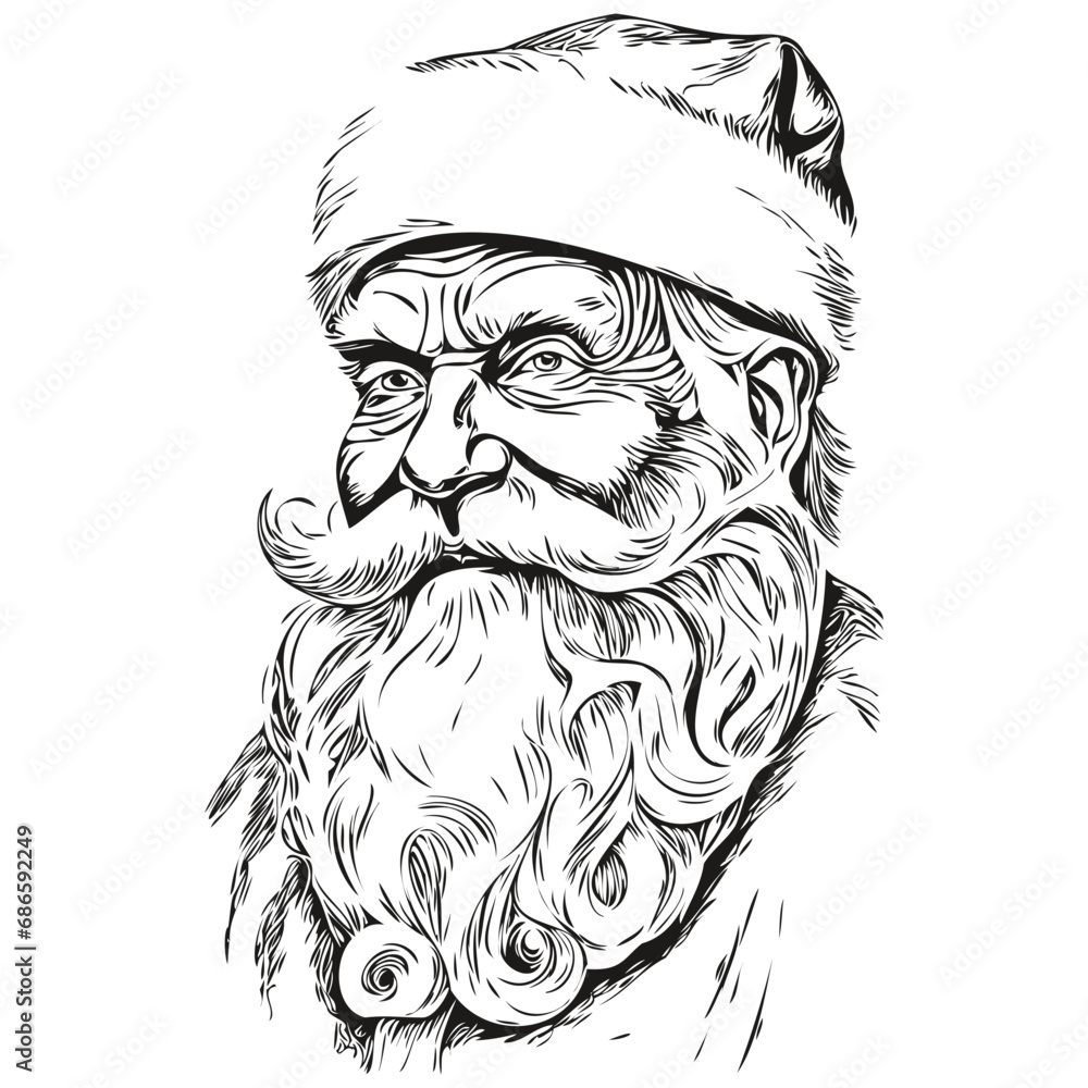Santa Claus Hand-Drawn Sketch Outline Detailed Sketch, Classic Vintage Style, black white isolated Vector ink outlines template for greeting card, poster, logo Santa Claus Hand-Drawn Sketch Outline Detailed Sketch, Classic Vintage Style, black white isolated Vector ink outlines template for greeting card, poster, logo