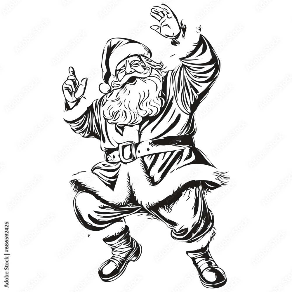 Obraz premium Santa Claus Isolated Vintage Engraving Detailed Sketch in Black and White, Classic Art, black white isolated Vector ink outlines template for greeting card, poster, invitation, logo