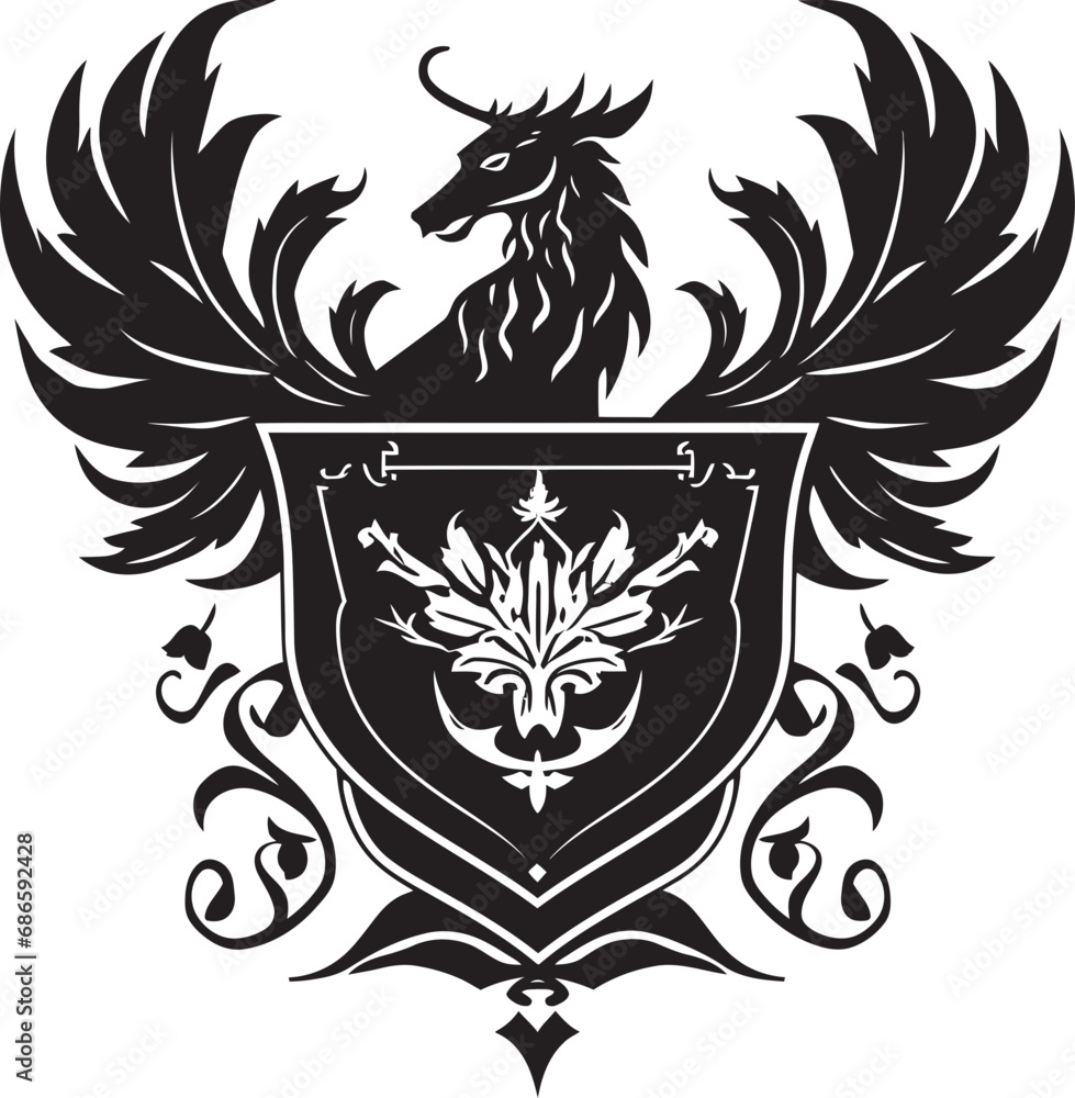 Fototapeta premium Elegant Heraldic Crest Black Vector Icon Royal Crowned Shield Vector Emblem