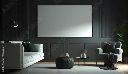 Fototapeta Naklejka Na Ścianę i Meble -  Blank horizontal poster frame mock up in minimal Dark style living room interior, modern living room interior background. generative ai.