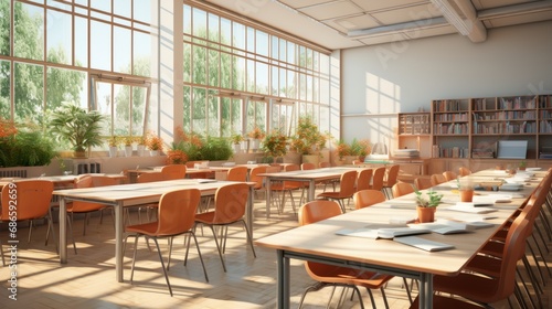 Interior of clean bright classroom in modern school or college. Spacious room with white walls  many comfortable desks  chairs  visual aids  bookshelves  indoor plants  large windows. Empty classroom.