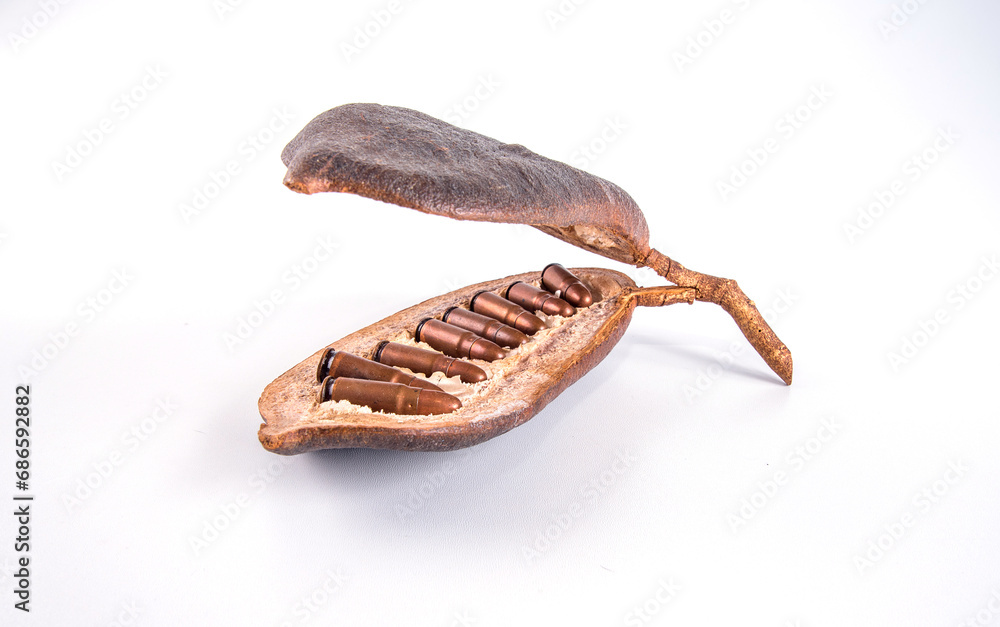 The cartridges are like beans in the plant's pod. Ammunition. Image for design. The cartridges are like beans in the plant's pod. Ammunition. Image for design.