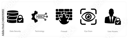A set of 5 Cyber Security icons as data security, technology, firewall