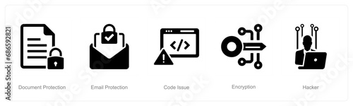 A set of 5 Cyber Security icons as document protection, email protection, code issue