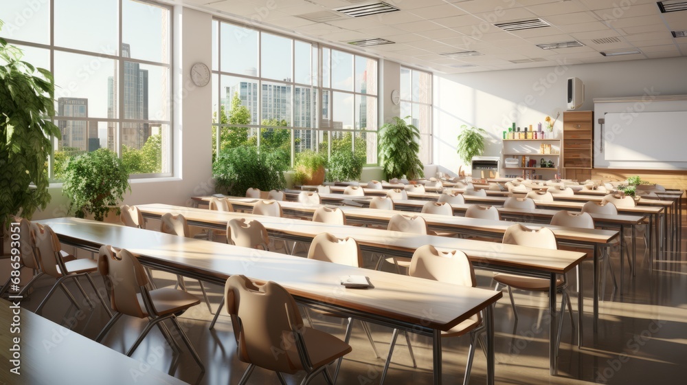 Interior of clean bright classroom in modern school or college. Spacious room with white walls, many comfortable desks, chairs, visual aids, bookshelves, indoor plants, large windows. Empty classroom. Interior of clean bright classroom in modern school or college. Spacious room with white walls, many comfortable desks, chairs, visual aids, bookshelves, indoor plants, large windows. Empty classroom.