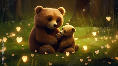 Super cute mama bear sitting on the green grass and hugging baby bear. Happy mother's day card. AI generated image photo