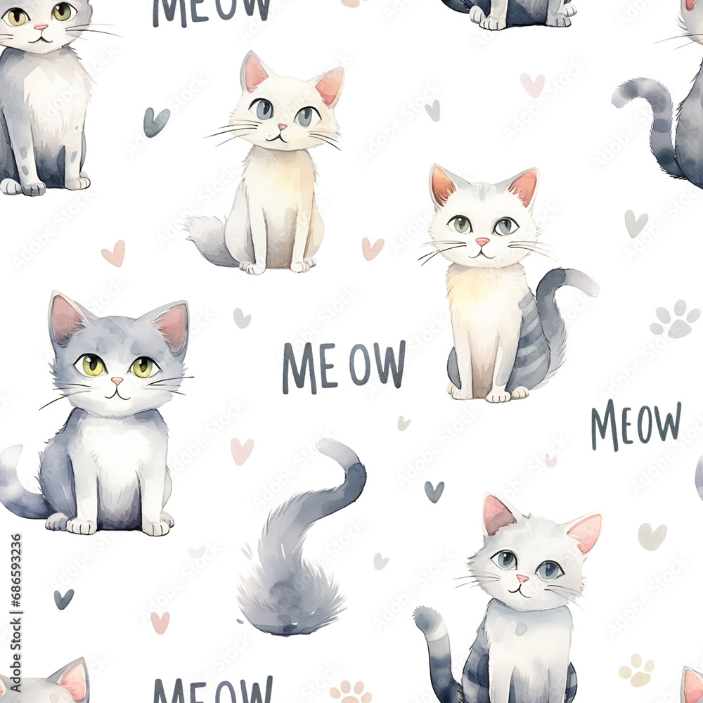 Fototapeta premium Watercolor seamless pattern with cute cats and 